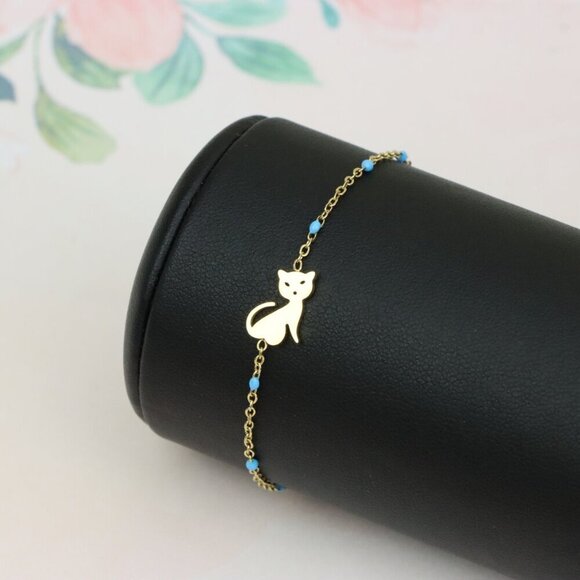 Chic Yellow Gold Cat Bracelet with Blue Beads, XPBL0622 - Picture 7 of 12